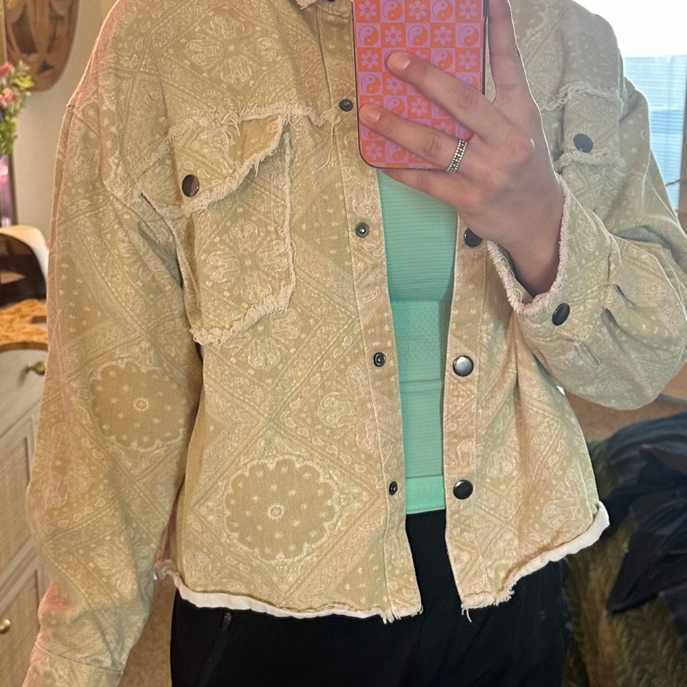 Cream Cropped Jean Jacket with Textured Fabric
